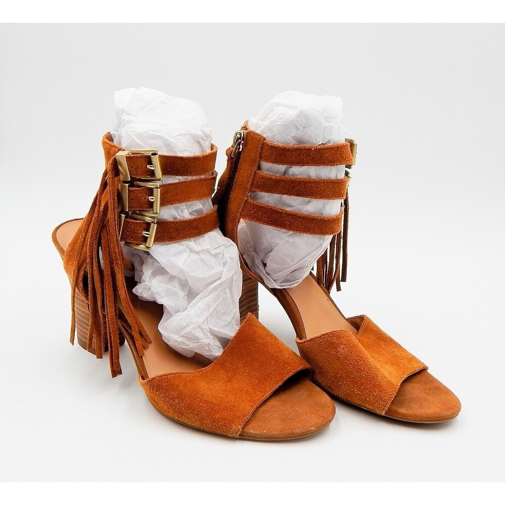Franco Sarto Delmar Sandals Brown Suede Leather Fringe Buckle Block Heels SZ 8